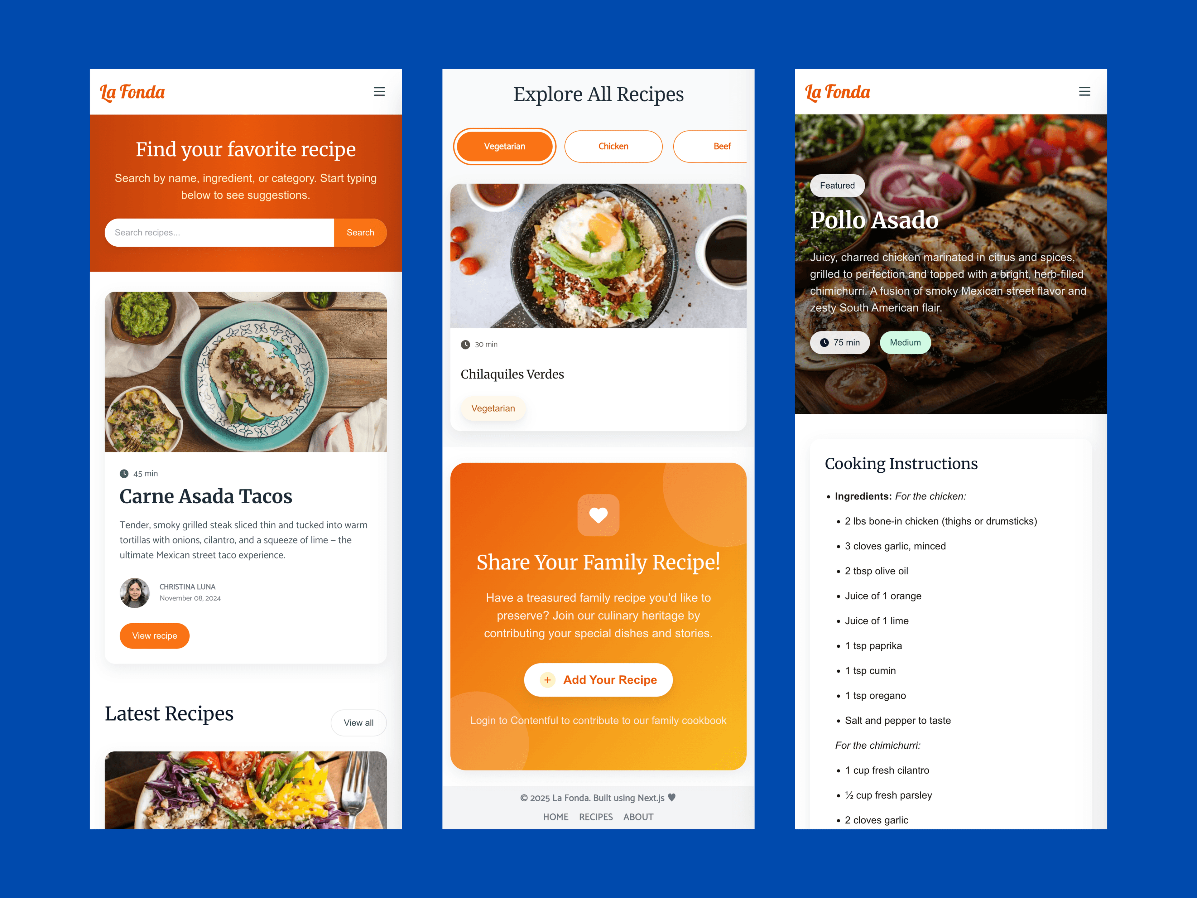 A screenshot of La Fonda Recipes mobile view.